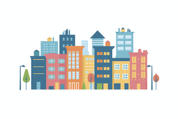 A vector illustration of a lively city street with colorful buildings, trees, and a white background.