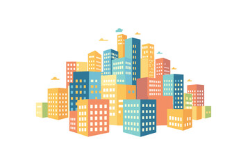 An aerial view vector illustration of a vibrant downtown city block, featuring bright colors and presented on a white background.