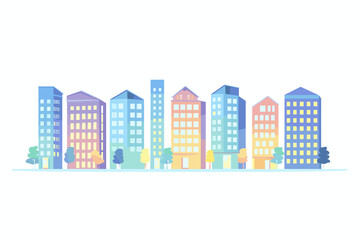 A vivid vector illustration depicting a city block with brightly colored buildings, all set against a clean white background.