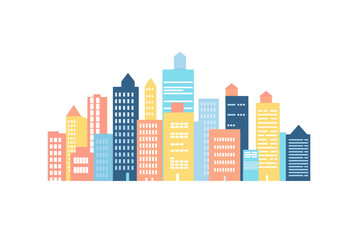 A vector illustration showcasing a lively city block with vibrant and colorful buildings, set against a white background.