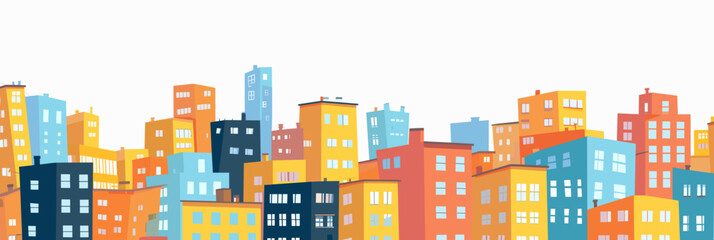 A 3D vector illustration depicting a densely populated and colorful city block, set against a white background.