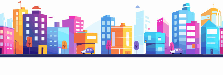 A vector illustration showcasing a lively city street with colorful buildings and cars, set against a white background.