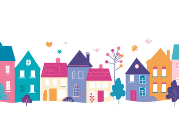 A whimsical and vibrant children's book illustration style showcasing colorful houses and trees in a delightful vector composition against a clean white background.