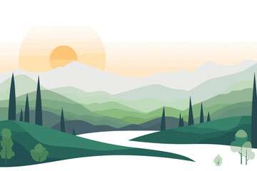 A picturesque landscape unfolds in a vector illustration, featuring lush green mountains adorned with summer trees, set against the backdrop of a radiant sun.