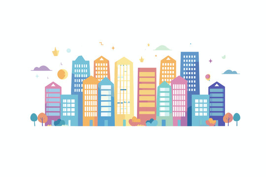 A vibrant vector illustration featuring a city block adorned with colorful buildings and trees, set against a white background.