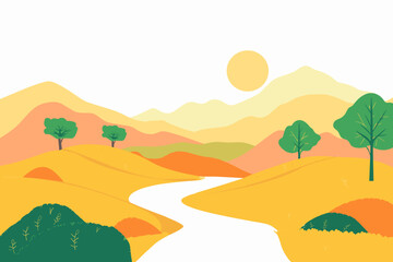 The vector illustration depicts an autumn landscape with a winding path meandering through hills, leading towards distant mountains, creating a picturesque scene.