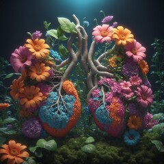 Image of flowers and plants in the shape of human lungs. Concept of healthy lifestyle, ecology, environmental pollution, anti-smoking