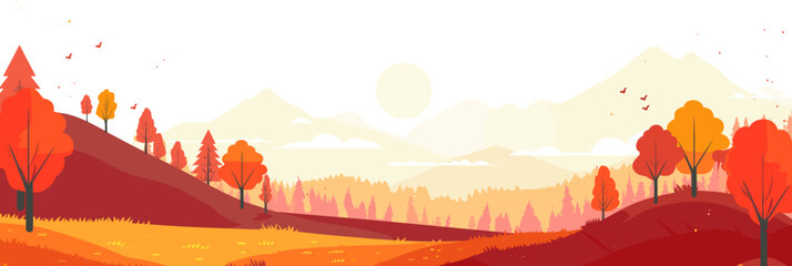 In this vector illustration of an autumn landscape, vibrant red trees stand against the backdrop of distant mountains, creating a serene and colorful scene. - obrazy, fototapety, plakaty