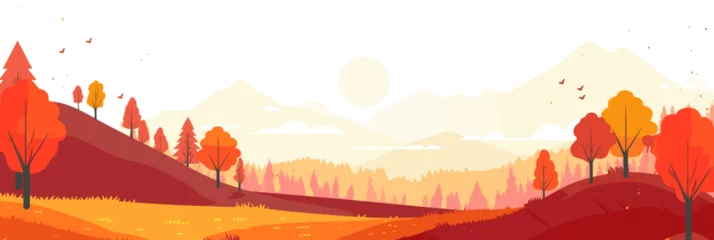 Deurstickers In this vector illustration of an autumn landscape, vibrant red trees stand against the backdrop of distant mountains, creating a serene and colorful scene. © DIMENSIONS