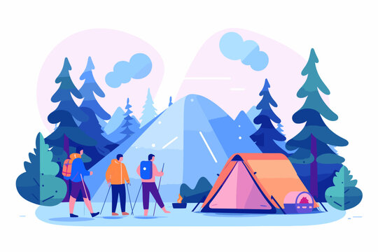The vector illustration depicts a camping scene with a tent surrounded by trees, capturing the essence of outdoor adventure and nature retreat.