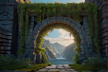 Spectacular fantasy scene with a portal archway covered in creepers
