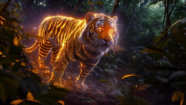 A holographic tiger roams through a dense jungle emphasizing the threat of poaching and the importance of conservation efforts.