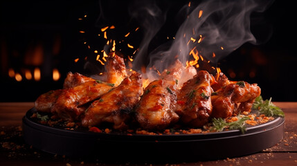 Delicious Chicken Wings BBQ Plate Smoke Flames Dining Grill Food Yummy Menu Meal Grilled Sizzling Tasty Culinary Appetizing Juicy Gourmet Mouthwatering Flavorful Baked Filet Foodporn Steak Fries Meat