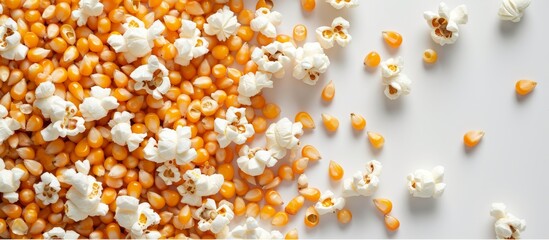 Yellow popcorn kernel separated on a white backdrop.