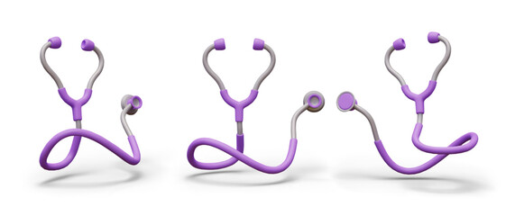 Set of purple realistic stethoscopes in different positions. Cardiology tool