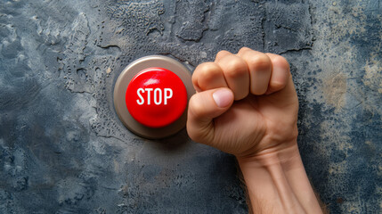 Hand pushing an emergency stop button - obrazy, fototapety, plakaty
