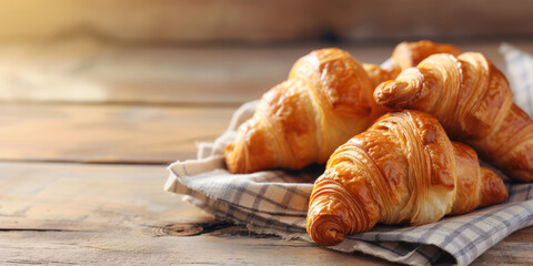 French croissant on a napkin on wooden table banner with copy space - Powered by Adobe