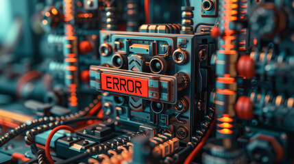 Error concept image with a machine showing an error message - obrazy, fototapety, plakaty