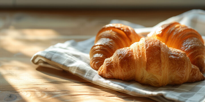 French croissant on a napkin on wooden table banner with copy space