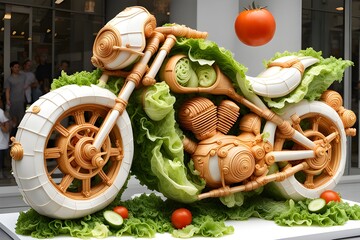 Close-up of motorcycle made of lettuce leaves