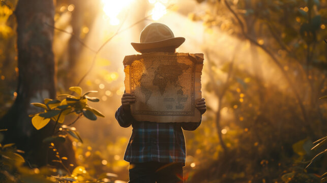 Young boy kid participating to a treasure hunt holding the treasure map