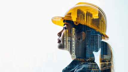 Fototapeta na wymiar Portrait of a young construction worker woman with safety helmet letting see city buildings under construction on white background with copy space