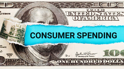 Consumer Spending. The word Consumer Spending in the background of the US dollar. Consumerism, Retail, and Economic Consumption Concept. - obrazy, fototapety, plakaty