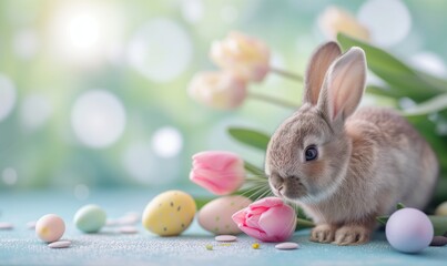 Cute baby bunny, adorable rabbit with Easter eggs and spring flowers