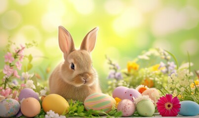 Fototapeta na wymiar Cute baby bunny, adorable rabbit with Easter eggs and spring flowers