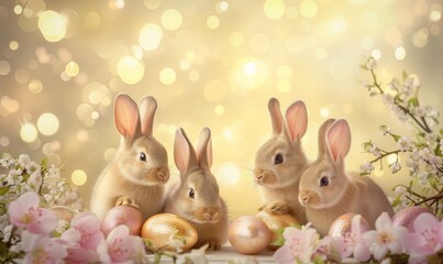 Naklejka na ściany i meble Group of four cute baby bunnies, adorable rabbits with easter eggs and spring flowers on a gold pastel background with bokeh