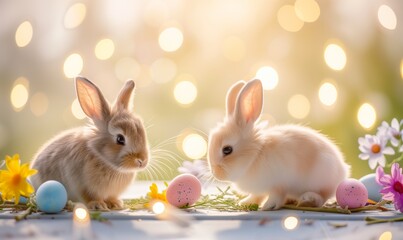 Fototapeta na wymiar Two cute bunnies, adorable rabbits with easter eggs and spring flowers sitting on pastel background with bokeh