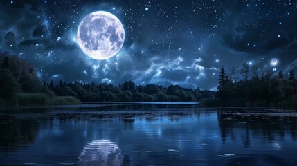 Full moon in night sky with stars and clouds above trees and pond reflecting starlight background. Dark heaven with moonlight romantic fantasy midnight twilight landscape panoramic view - obrazy, fototapety, plakaty
