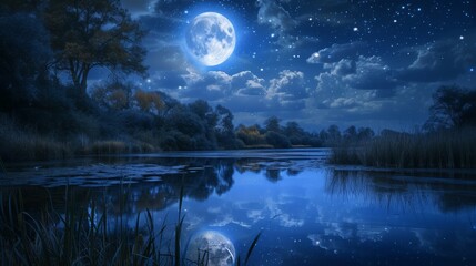 Fototapeta na wymiar Full moon in night sky with stars and clouds above trees and pond reflecting starlight background. Dark heaven with moonlight romantic fantasy midnight twilight landscape panoramic view