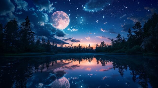 Full moon in night sky with stars and clouds above trees and pond reflecting starlight background. Dark heaven with moonlight romantic fantasy midnight twilight landscape panoramic view