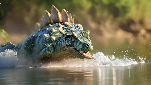 A playful ankylosaurus happily splashes through the water its armored body protected from any ps or ses.