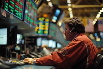 Fototapeta premium frenetic activity on the trading floor or the contemplative analysis by an individual monitoring stock trends on multiple screens