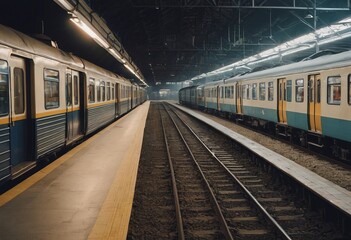 Fototapeta premium Retro steam train departs from the railway station at sunset.