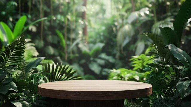 Wooden podium in tropical forest for product presentation and green background. 3d rendering