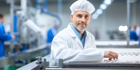 A Diligent Worker In A Food Processing Plant Inspecting Quality And Safety. Сoncept Quality Assurance, Food Safety Standards, Inspection Procedures, Diligent Worker, Food Processing Plant - obrazy, fototapety, plakaty