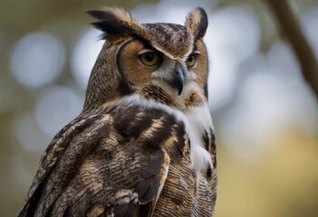 An Eurasian Eagle Owl staring at something out of shot in a woodland setting.