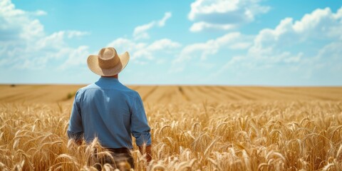 A Hatwearing Farmer Oversees His Wheat Field, Watching Over His Agricultural Domain. Сoncept Farm Life, Wheat Fields, Hatwearing Farmer, Agricultural Domain, Overseeing