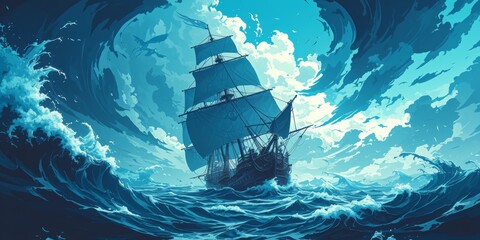 A Pirate Ship Battles Fierce Waves Under An Ominous Stormy Sky In Comicstyle Poster Design. Сoncept Comic-Style Pirate Ship Battle, Fierce Waves, Ominous Stormy Sky, Poster Design
