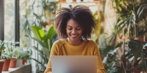 A Woman Exuding Joy And Satisfaction As She Works On Her Laptop. Сoncept Work From Home Productivity, Successful Remote Work, Laptop Lifestyle, Empowered Woman, Professional Freelancer - obrazy, fototapety, plakaty