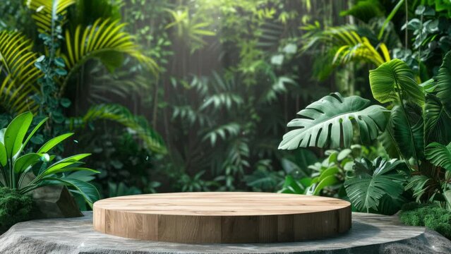 Wooden podium in tropical forest for product presentation and green background. 3d rendering