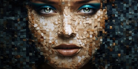 Abstract Mosaic Portrait Of A Woman, Crafted With Intricate Small Pieces. Сoncept Sunset At The Beach, Nature Macro Photography, Urban Architecture, Candid Street Portraits