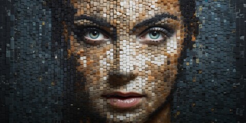 Intricately Constructed Mosaic Portrait Of A Woman Using Small Pieces. Сoncept Mosaic Art, Intricate Design, Portrait, Woman, Small Pieces