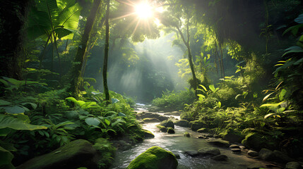 Beautiful tropical forest photo from the inside. Soft sunlight filters through the dense green foliage of the trees. Warm summer in jungles.