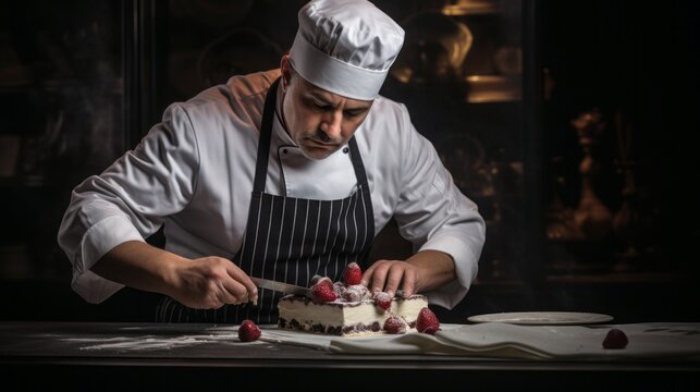A male pastry chef decorates a cake with chocolate and berries in the kitchen. Cooking, bakery, pastry shop, food and desserts concepts.