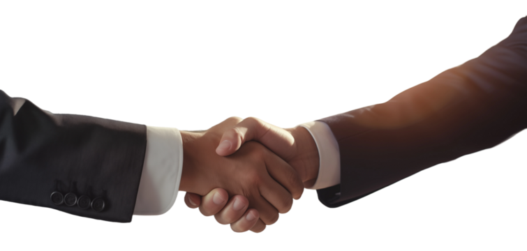 Transparent background.Two man in formal suits shaking hands to celebrate the deal in meeting room,commercial photography,no face ,meeting room background