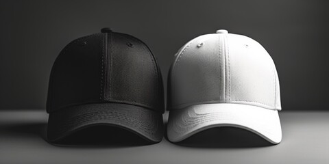 Classic Black And White Baseball Caps Showcased In Front On Grey Backdrop. Сoncept Black And White Baseball Caps, Classic Style, Grey Backdrop, Fashion Photography